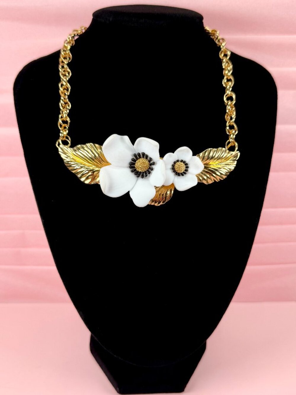 1980s  Vintage Louis Feraud Paris Statement Dogwood Flowers Gold Tone Necklace